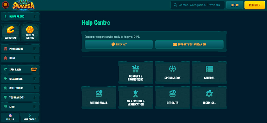 Spinanga Casino podpůrné centrum