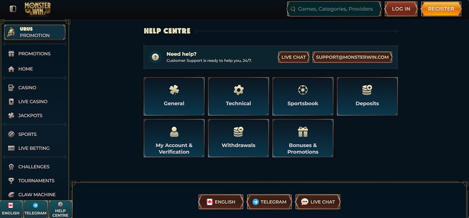 Centrum nápovědy MonsterWin Casino