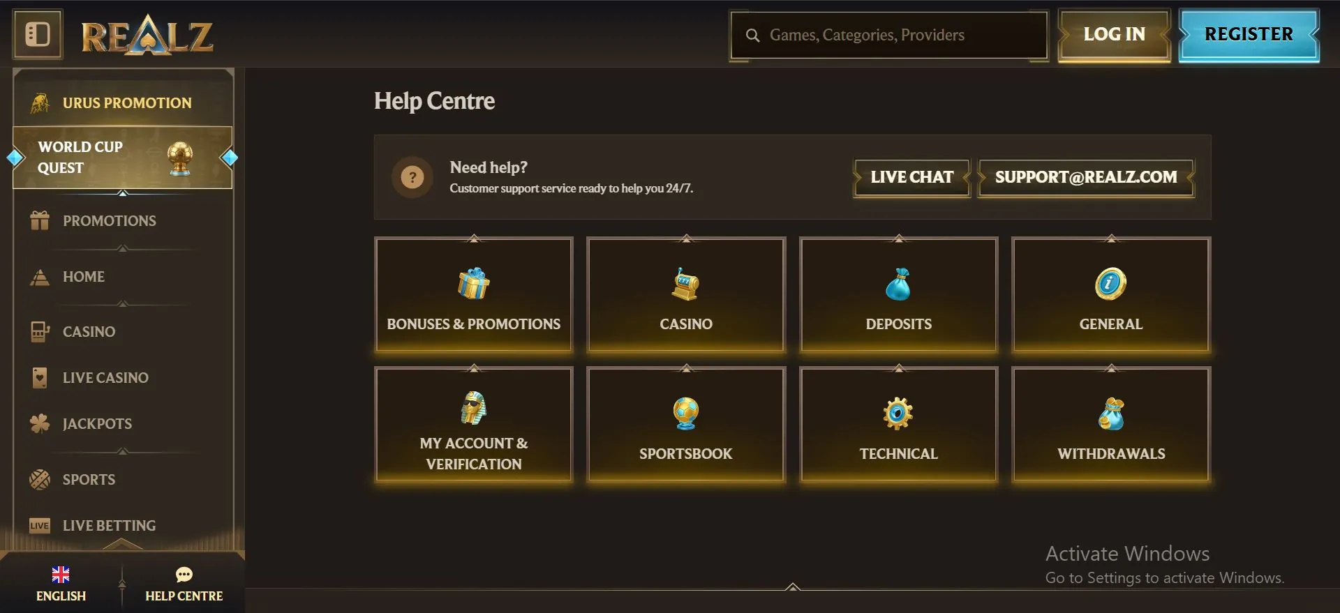 Realz Casino help centre